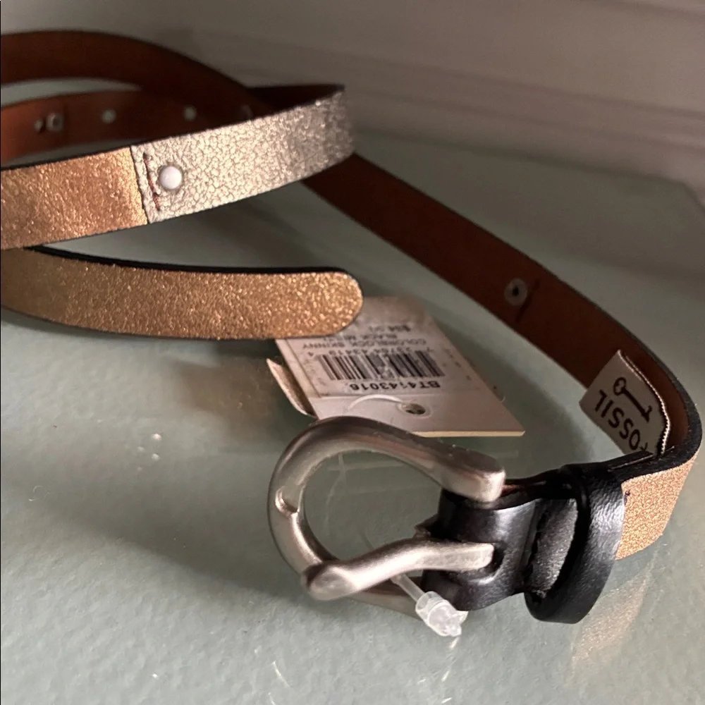 NWT $34 Fossil Leather Metallic & Black Multi Colorblock Skinny Belt - Picture 4 of 8